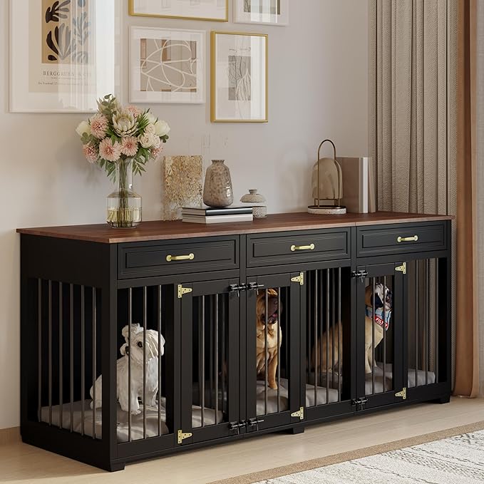 Dog Crate Furniture - Indoor Wooden Dog Kennel with 2 Dividers, 3 Drawers, and 3 Lockable Doors, 72"x23.6"x31.5"H, Black