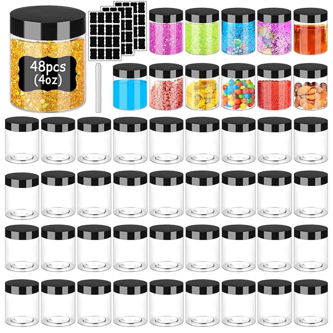 Plastic Jars with Lids 4 OZ 48 PCS, Small Cosmetic Slime Containers Clear Travel Round Jars Empty Leak Proof Refillable Sample Containers with Black Lids for Lotion, Cream, Cosmetics