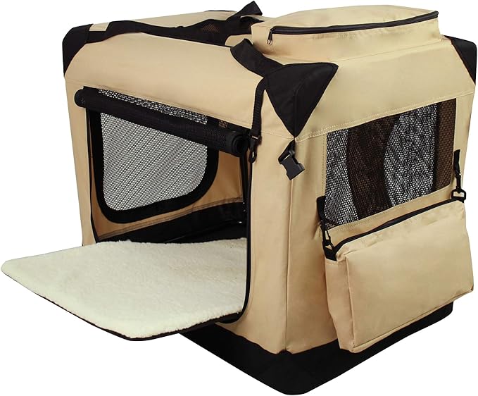 EliteField 3-Door Folding Soft Dog Crate with Carrying Bag and Fleece Bed (2 Year Warranty), Indoor & Outdoor Pet Home (24" L x 18" W x 21" H, Beige)