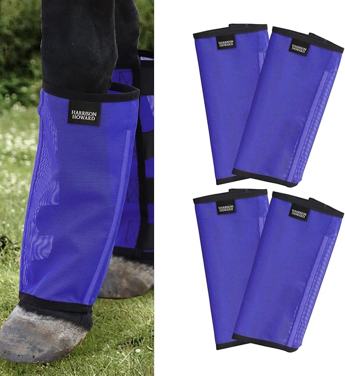 Harrison Howard Loose Fitting Fly Boots UV-Protective Extra Tough Mesh Ventilated Four Fasteners Stay-on Design Protect Horse Legs & Stomp-Reducing Set of 4 Deep Navy Mini