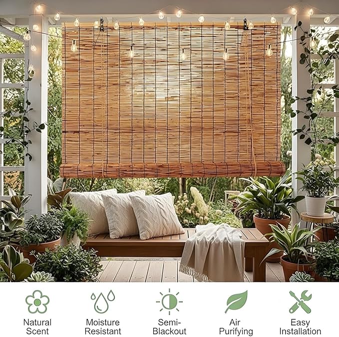 Blackout Bamboo Roller Shades for Outdoor Patio Reed Roll Up Blinds 24" 36" 48"