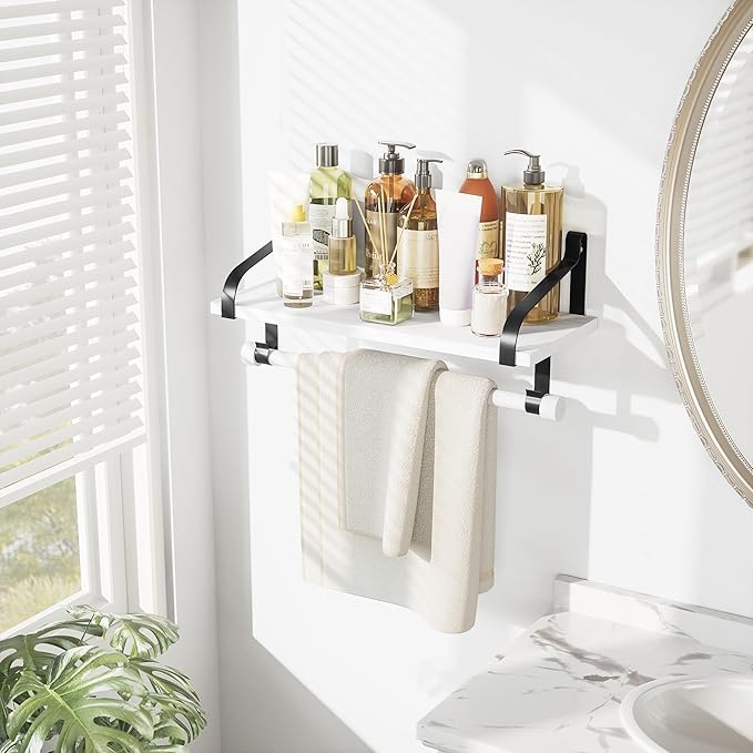 Love-KANKEI Floating Shelf Wall Shelf for Storage Rustic Wood Kitchen Spice Rack with Towel Bar and 8 Removable Hooks for Organize Cooking Utensils or Mugs White
