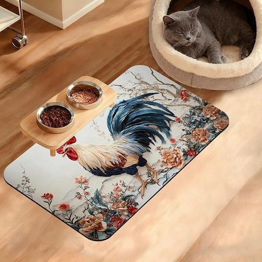 Dog Bowl Mat,Chicken Painting Pet Feeding Mat for Floors Waterproof,Flowers Absorbent Dogs Placemat for Food and Water Quick Dry Pet Cat Feeding Mats with Non Slip Bottom 12" x 20"