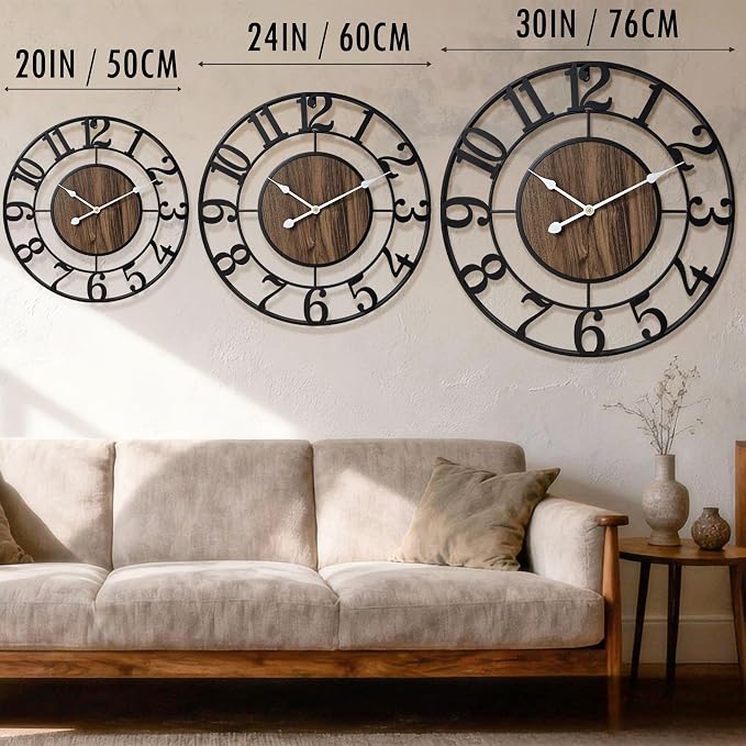 Large Metal Wall Clock, 30 Inch Retro Decorative Silent, Non Ticking, Battery