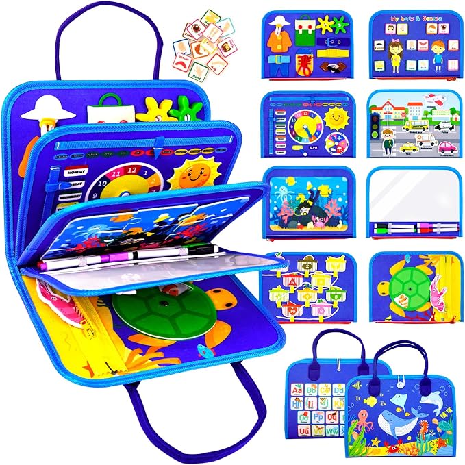 Busy Board, Ocean Toddler Busy Book Montessori Toys for 1 2 3 4 Year Old, Sensory Board Learning Activities Fine Motor Skills, Christmas Birthday Gifts for Girls Boys, Travel Toys for Airplane Car