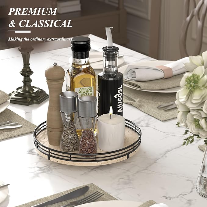 Italian Natural Travertine Lazy Susan Turntable for Table Top – 10” Round Marble Tray Organizer for Bathroom, Vanity, Dining Table, Kitchen Countertop & Bar, Luxury Stone Serving Tray with Black Frame