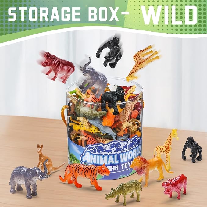 60 Piece Animal Figures with Gift Box, Safari Jungle Animal Figurines | Realistic Small Plastic Animal Figure Sensory Bins, Jungle Party Favors, Cupcake Topper, School Education, Birthday Gifts for