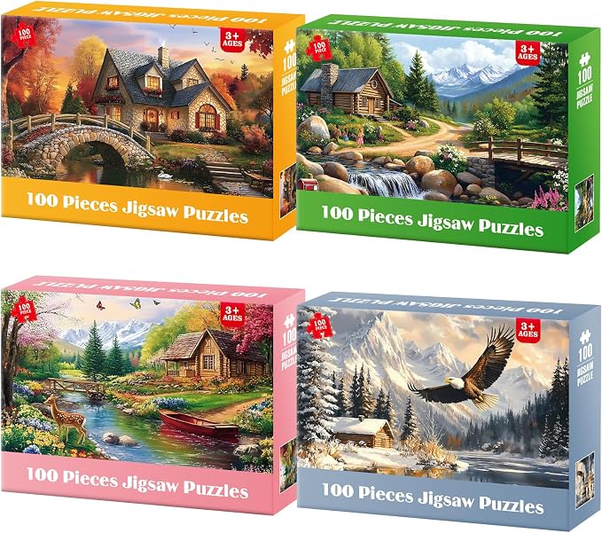 4-Pack 100 Piece Puzzles for Seniors Country Life Large Piece Puzzles for Seniors Puzzle Dementia Alzheimer's Products Activities for Elderly Adults Kids Puzzle for Kids Ages 6-8 8-10