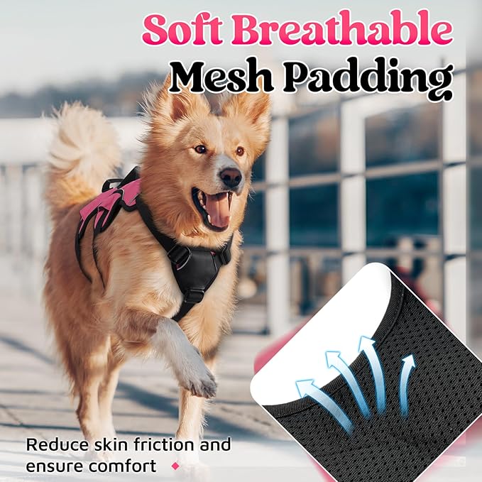 rabbitgoo Escape Proof Dog Harness, Soft Padded Full Body Pet Harness, Reflective Adjustable No Pull Vest with Lift Handle and Leash Clip for Large Dogs Walking Hiking Training, M, Pink