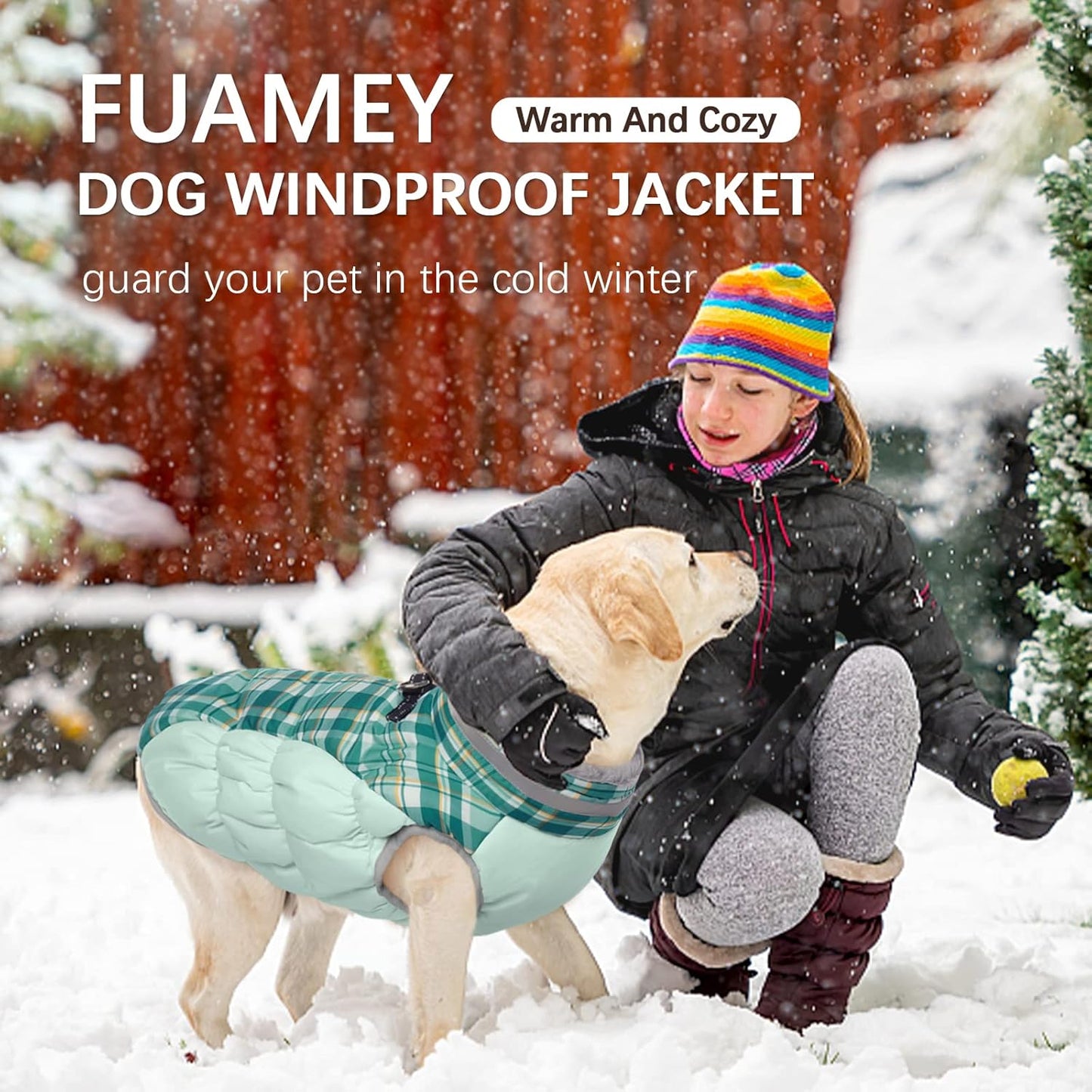 FUAMEY Dog Coat for Large Dogs,Waterproof Dog Winter Jacket with Harness Built in Puppy Cold Weather Coats Reflective Pet Vest with Zipper Warm Fleece Dogs Snowsuit Windproof Green Plaid XXL