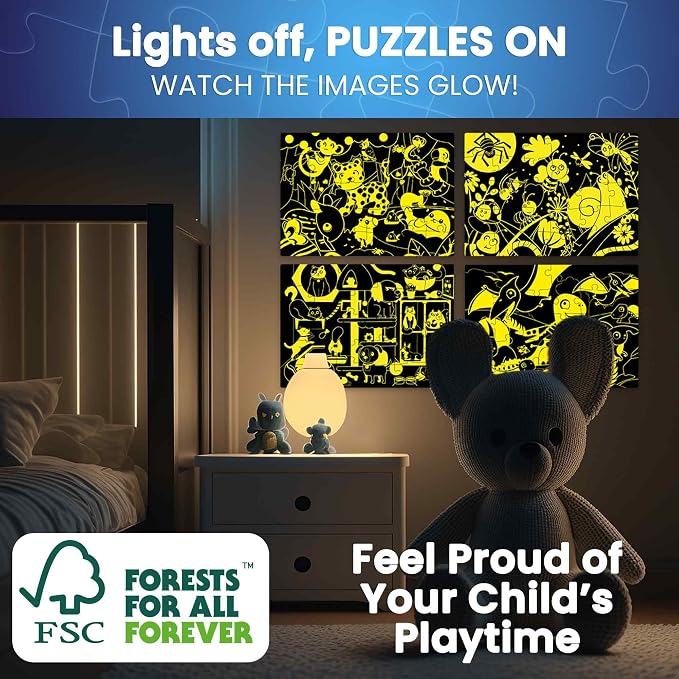 30 Pieces Puzzles for Kids Ages 3-5 – 4 Jigsaw Toddler Puzzles Ages 4-6 | Glow-in-The-Dark Dinosaur and Animals Learning - Educational Jigsaw Puzzle for Ages Kids 4-8 Years Old