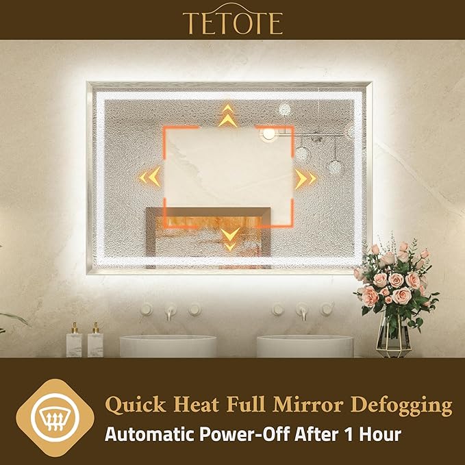 TETOTE Led Bathroom Mirror 36 x 36 with Brushed Bright Nickel Frame Anti-Fog Frontlit & Backlit Vanity Mirror Stepless Dimmable 3 Colors White/Warm/Natural Wall-Mounted