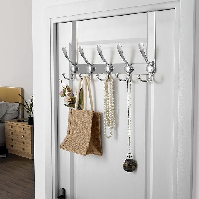 Dseap Over Door Hook 2.0 - Upgraded Version - Simple-Assembly, Strong, Heavy-Duty Stainless Steel 5-Tri-Hook Over The Door Hanger Rack, SimpleStrong Series, Chromed, Pack of 2