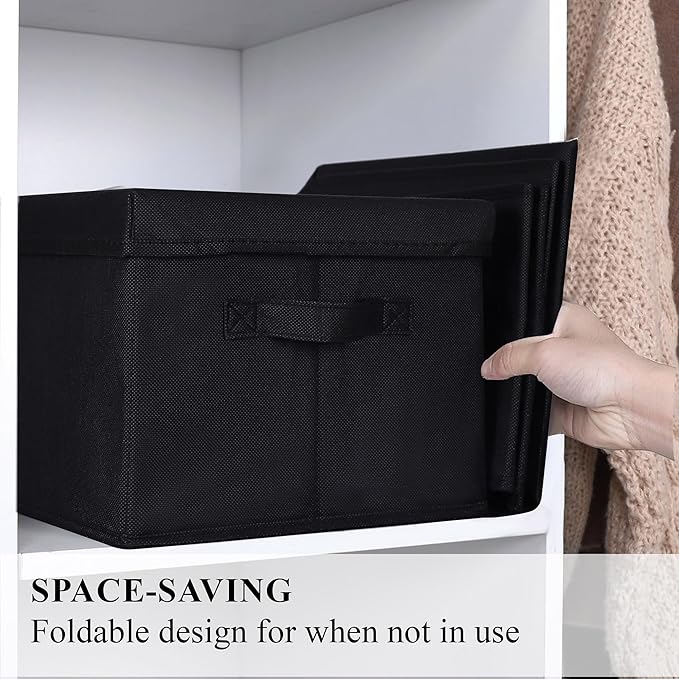WUIKE 3 Pack Large Fabric Storage Bins with Lids, Decorative Storage Boxes with Handles, Storage Baskets for Shelves, Foldable Storage Containers, Closet Organizers for Towels, Clothes, Black