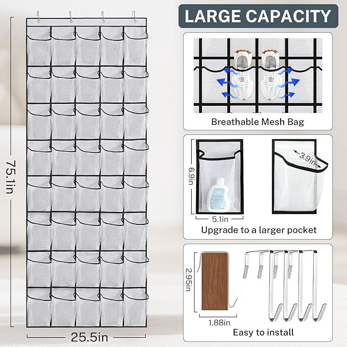 40-Pocket Over the Door Shoe Organizer, 2PCS Hanging Shoe Rack for Closet Door,Shoes Storage Holder Hanger with Large Mesh Pocket for Women Men Shoes,Flip Flops (Black2)