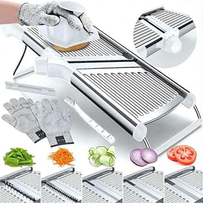 Gramercy Adjustable Mandoline Food Slicer, Mandoline Slicer for Kitchen, Mandolin, Potato, Tomato, Carrot, Vegetable, Fruit and Onion Cutter - Stainless Steel - INCLUDING 1 Pair Cut-Resistant Gloves