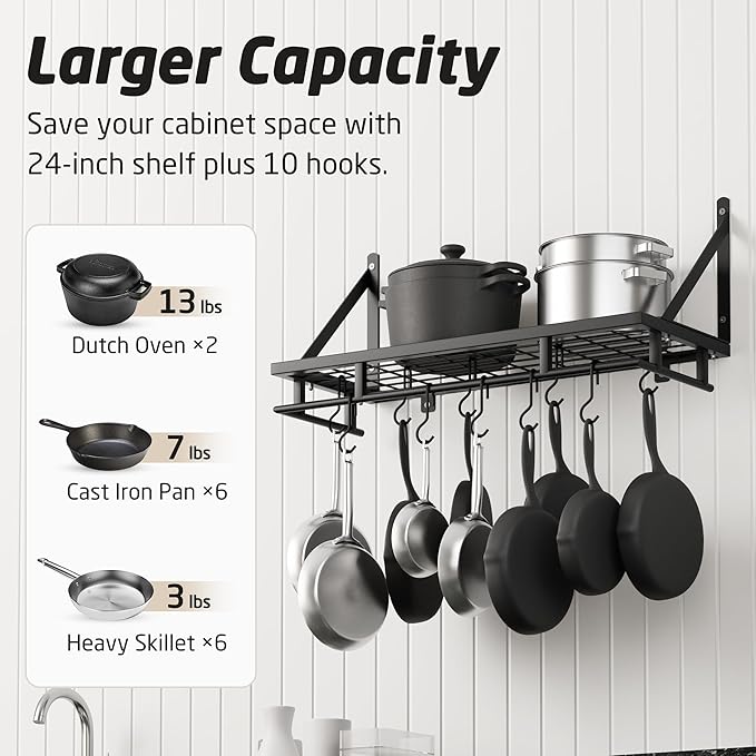 KES 24 Inch Kitchen Pot Pan Rack Wall Mounted Hanging Storage Organizer Wall Shelf With Hooks Matte Black, KUR215S60-BK