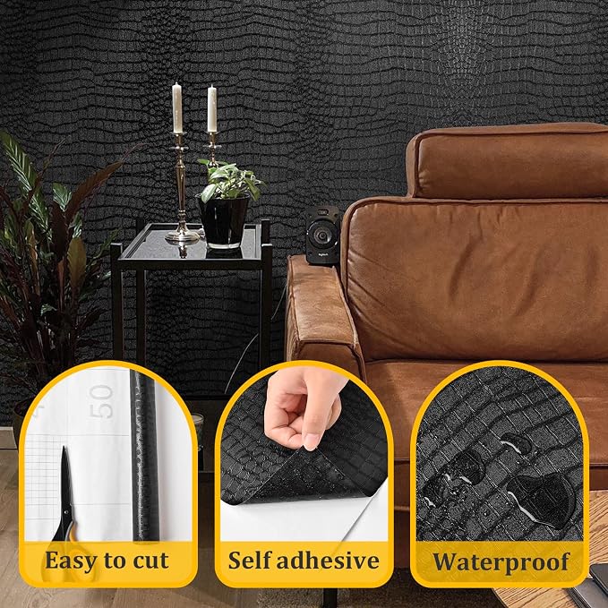 Fititem Black Peel and Stick Wallpaper 118inL 17.3inW Modern Black Crocodile