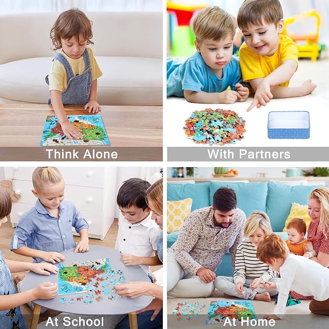 LELEMON Puzzles for Kids Ages 4-6,Animal Map 100 Piece Puzzles for Kids Ages 4-8 in a Metal Box, Educational Jigsaw Puzzles 100 Piece Puzzle Games Puzzle Toys for Girls and Boys