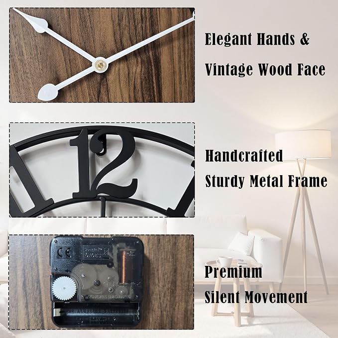 Large Metal Wall Clock, 32 Inch Retro Decorative Silent, Non Ticking, Battery
