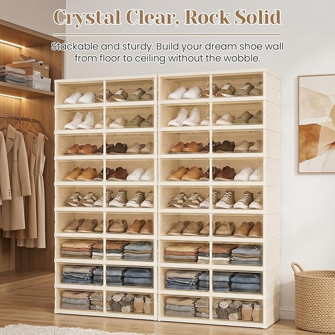 Foldable Shoe Rack with Doors, Stackable Plastic Shoe Organizer, Large Clear Shoe Storage Boxes for Closet and Entryway, Portable Collapsible Shoe Cabinet 9 Tiers, 27Pairs