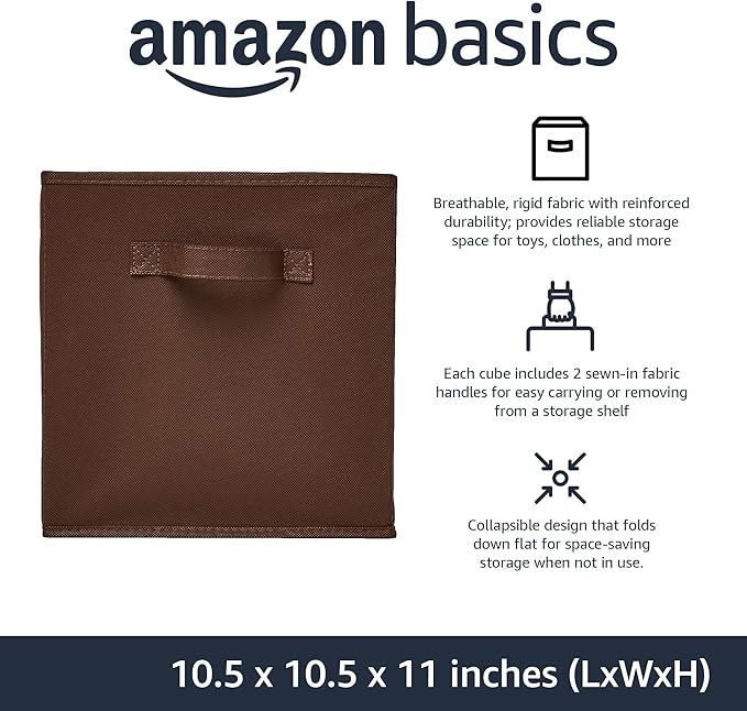 Amazon Basics Cube Organizer Storage Bins Handles, Collapsible Fabric, Pack of 6, 10.5"x10.5"x11", Brown