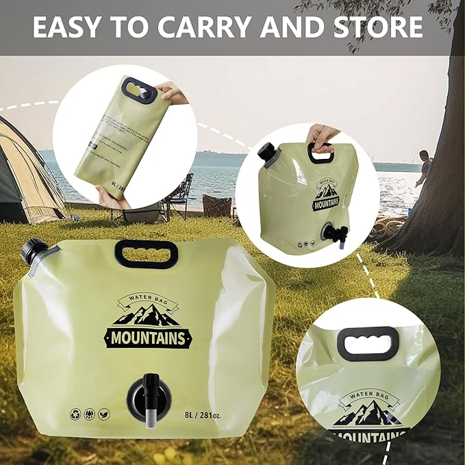 Collapsible 8L Water Storage Bag, BPA-Free Portable Folding Water Jug with Adjustable Faucet, Leakproof Emergency Water Bag for Camping, Hiking, Riding, Outdoor Sport (GREEN, 2)