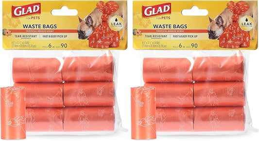 Glad for Pets Heavy Duty Dog Poop Bags,Leak Resistant Dog Waste Bags with Fun Print for Easy Cleanup on Walks,Strong Tear Resistant Pet Waste-Bags,Tropical Breeze Scent,6 Rolls,90 Count (Pack of 2)