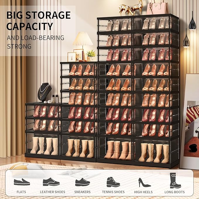CIMLORD 9-Tier Foldable Shoe Rack for Closet Entryway 9-18Pairs,Stackable Clear Shoe Storage Boxes Organizer with Door Plastic Small Shoe Cabinet Bins with Lids Shoes Shelf Easy Assembly Black