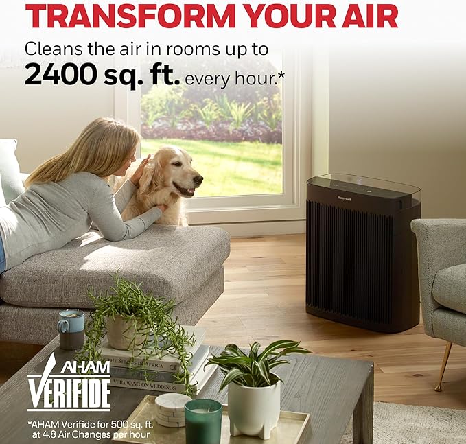 Honeywell HEPA Air Purifier for Home, 2423 Ft² Rooms in 1 hour, Air Quality Monitor, Auto Mode, Reduces Allergens, Dust, Pollen, Pet Dander, Odors, Smoke, Black, HPA5300B