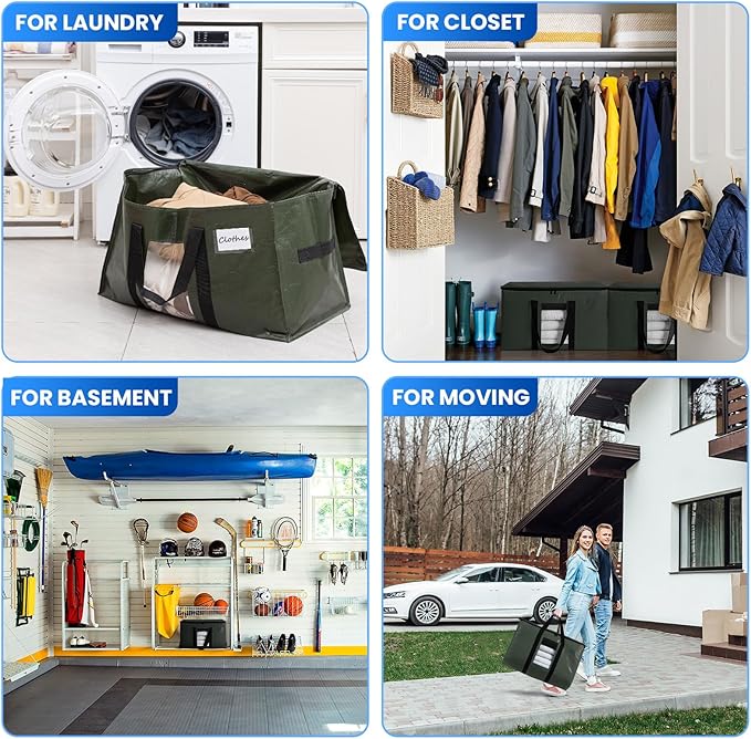 TAILI 4 Pack Green Extra Large Storage Bags, Heavy Duty Totes with Visible Window, Wrap Around Handles, Perfect for Moving