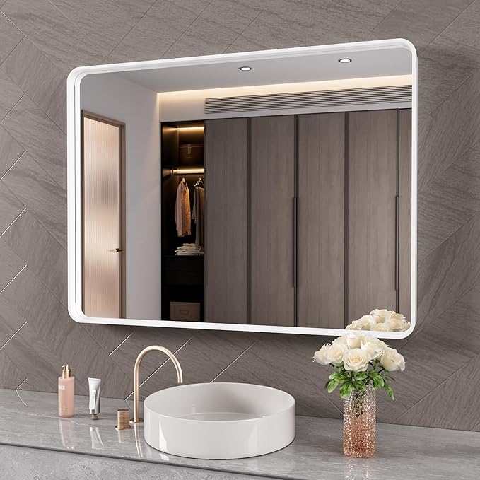 White Bathroom Mirror 40x32 Inch, White Metal Framed Bathroom Mirror for Wall, Rounded Rectangle Matte Bathroom Vanity Mirror, Tempered Glass, Anti-Rust, Horizontal/Vertical
