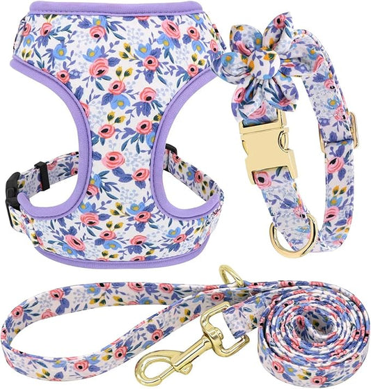 Beirui Cute Girl Dog Collars, Harnesses & Leashes Set - Adjustable Dog Collar and Leash Set with Flower - Soft Mesh Dog Vest Harness for Puppies Small Medium Dogs (Blue,XS)