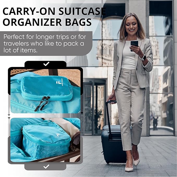8 Piece Compression Packing Cubes Set - Double Capacity Design for Travel - Small, Medium & Large Sizes - Carry-On Suitcase Organizer Bags (Turquoise)