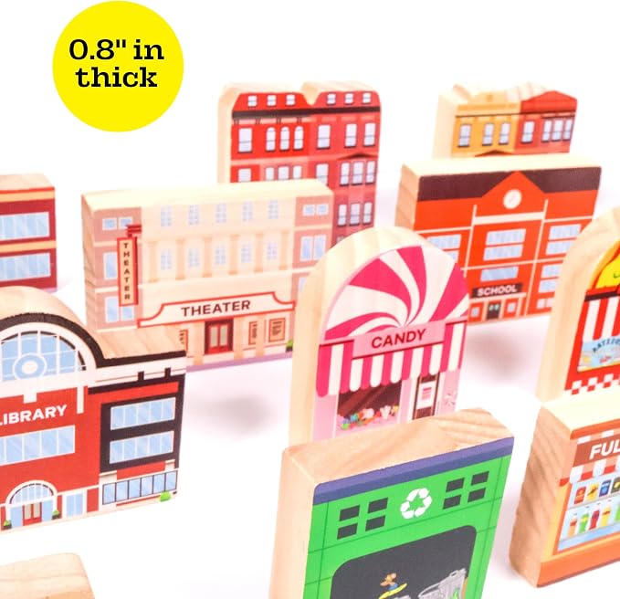 20 Pc Wooden City Play Set - Wooden Town Buildings and Street Signs for Play Mats, Toy Cars and Trains - Educational Preschool Track Accessories - Community Helpers Stacking Blocks Learning Toddler