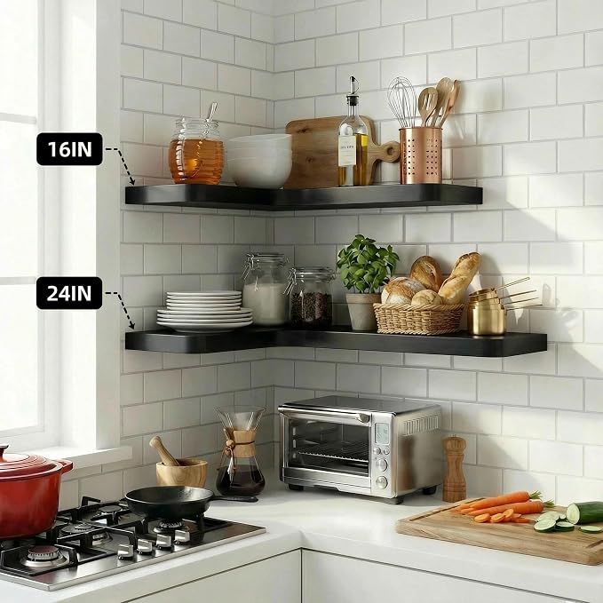 16 Inch Solid Wood Floating Corner Shelves 3 Pack