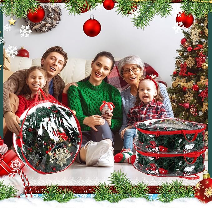 Shappy 4 Pcs 36 Inch Christmas Wreath Storage Container Clear Wreath Storage Bags PVC Waterproof Garland Bags with Clear Window Dual Zippers and Handles for Xmas Holiday Artificial Garland (Red)