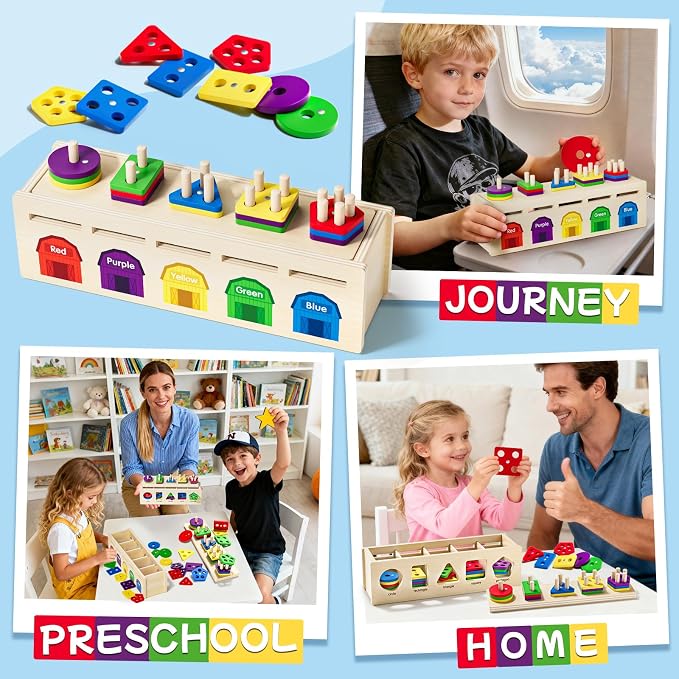 Montessori 4 in 1 Wooden Sorting Shape Sorter and Stacking Toy Box Color Matching Counting Fishing Game Preschool Educational Toys for 3 Years Boys and Girls Gifts