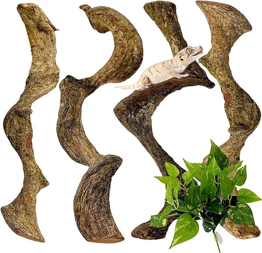 BNOSDM 4PCS Natural Reptile Climbing Branches Decor,0.8-1.2" Thick Snake Climbing Forest Wood with Plant Leaf Decor,Lizard Forest Branch,Geckos Tank Tree Trunk Accessories for Bearded Dragons