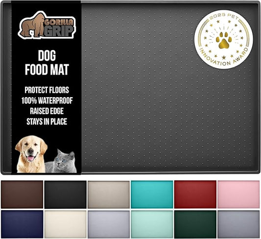 GORILLA GRIP 100% Waterproof Raised Edge BPA Free Silicone Pet Feeding Mat, Dog Cat Food Mats Contain Spills Protects Floors, Placemats for Cats and Dogs Water Bowl, Pets Accessories 23x15 Charcoal