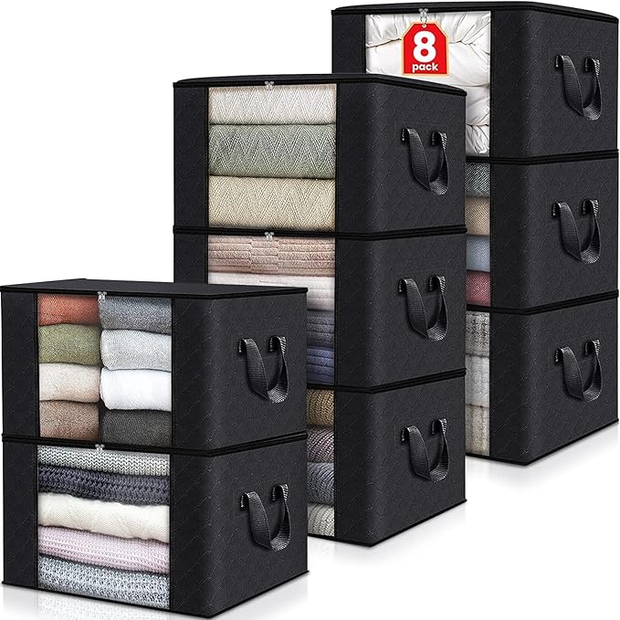 Fab totes Storage Bags,Clothes Blanket Storage Bins Foldable Closet Organizers with Reinforced Handle for Home Dorm Storage and Organization,Fabric Bags for Organizing Sheets,Clothing (Black,8 Pack)