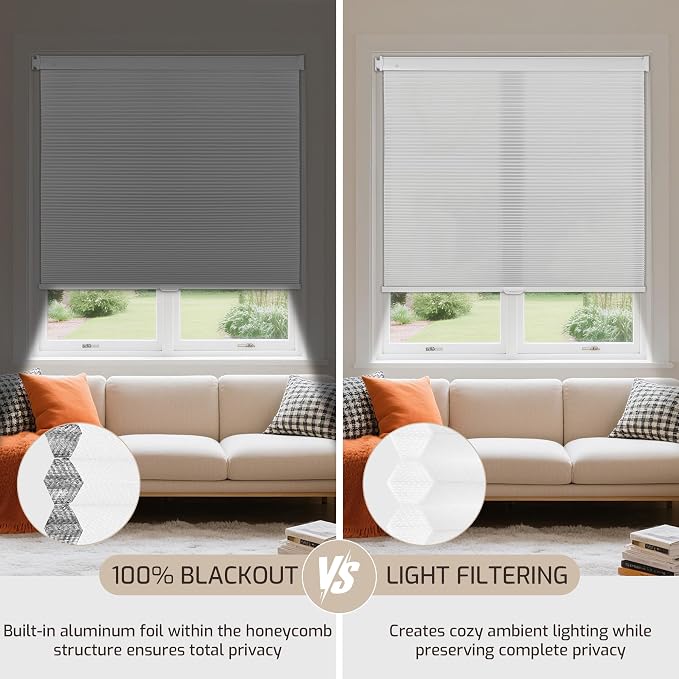 Grandekor No Drill No Tools Cordless Cellular Shades, 32.5" W x 64" H, Light