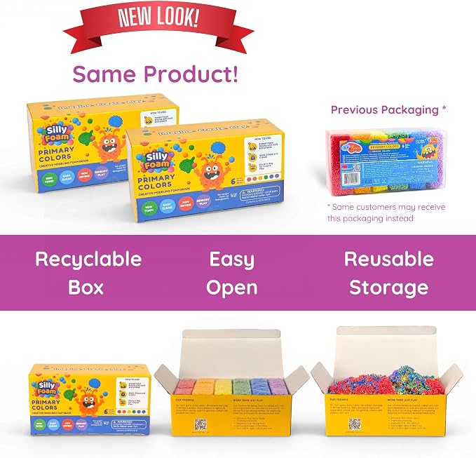 Silly Foam, Creative Modeling Foam Beads, 2-Pack of 6 Primary + 6 Neon Pastel Blocks, No-Slime No-Mess, Perfect for Preschool, Kids, Arts & Crafts, Sensory Play, STEM, Travel Toy, Non-Toxic (Age 3+)