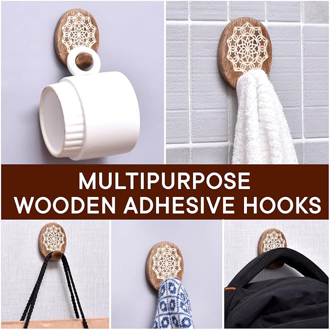 Indian Shelf 6 Lb- 3 Pieces Decorative Wood Adhesive Wall Hooks–Boho Peel and