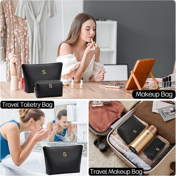 Valentine's Day Gifts for Women Girlfriend Initial Makeup Bag for Teen Girls Personalized Gifts for Friend Teacher Mom Wife Cosmetic Travel Toiletry Bag(Black,S)