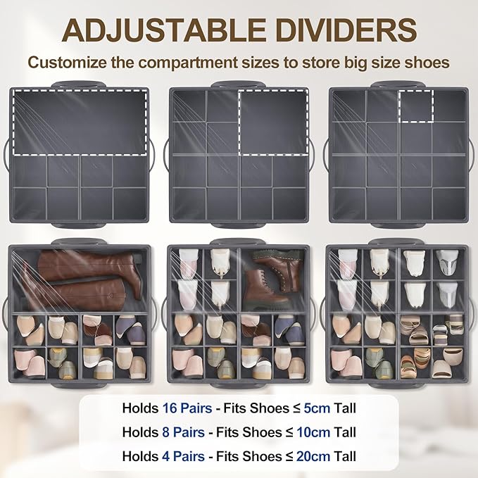 2 Pack Large Shoe Organizer for Closet, Adjustable Dividers Shoe Storage Box Bins with Wheels Clear Cover Reinforced Handle Side Pocket Fits up to 32 Pairs, Foldable Shoe Organizer for Entryway Grey