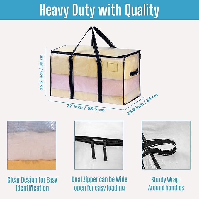 VENO 10 Pack Clear Moving Bags Christmas Storage Bags, Large Storage Bins with Lids, Heavy Duty Holiday Decor Organizers Moving Boxes Tote Packing Garland Ornament Supplies for College Dorm Clothes