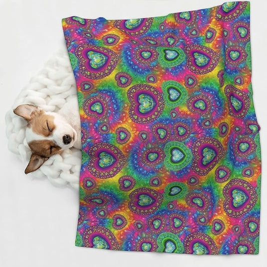 Reversible Plush Dot Pet Blanket for Dogs and Cats, Tie Dye Psychedelic Purple Love Heart, Ultra Soft Two Sided Design with Warm Fuzzy Side and Smooth Side for Comfort