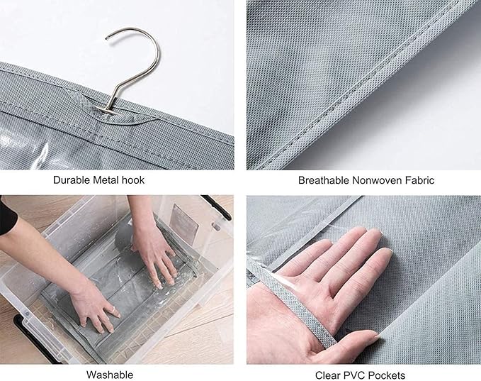 HAN SHENG 8 Pockets Clear Handbag & Purse Organizer Hanging Bag Storage - Space Saving Hanging Shelf for Closet, Wardrobe, Over Door (2 Pack, Grey)