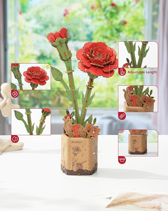 rowood 3D Puzzle Wooden Flower,DIY Artifical Flower Building Set Craft Kit for Women,Mother's Day/Valentine's Day/Teacher's Day/Thanksgiving/Christmas/Birthday Gift for Mom/Grandma-Red Carnation